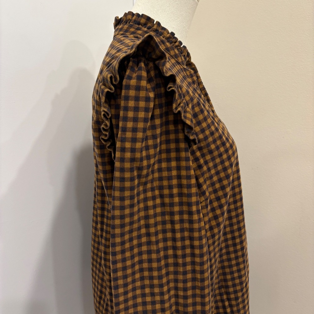 Garnet Hill Daphne Corduroy Dress Brown Check Plaid Gingham Ruffle Mock Neck M - Picture 7 of 11